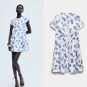 Zara White and Blue Floral Mini Dress